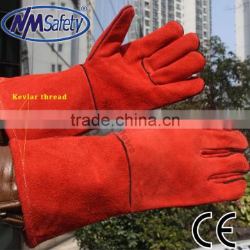 NMSAFETY Aramid Fibers thread leather work gloves/red cow split leather glove welding safety gloves