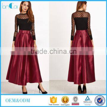 Burgundy bow trim pleated long skirt Girl's party wear long satin skirts design