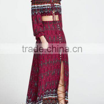 Picture of Long Skirts and Tops Vintage Print Drawstring Top With Split Skirt photo-4