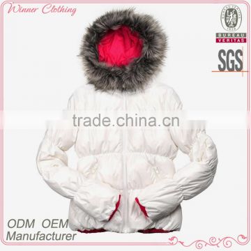 women clothing manufacturer fur hood long sleeve pure white color cropped down feather women's white winter coat