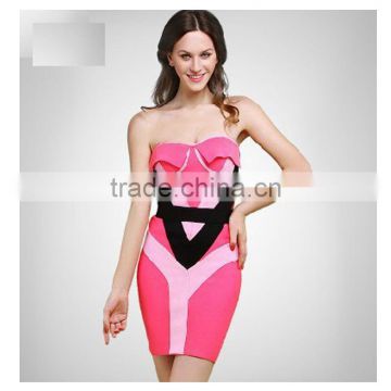 2015 New Fashion Pink And Black Tribal Geometric Embellished Strapless Sexy Women HL Bandage Cocktail Party Dress