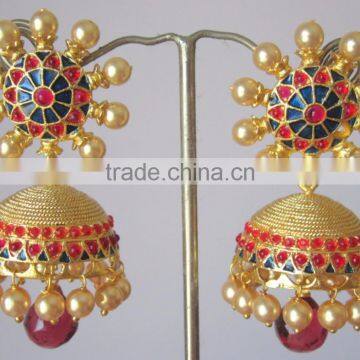 Jhumka Enamel Polki Gold Tone Dangler EARRINGS photo-2