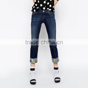 ladies denim jeans trouser bottom with embroidery pattern