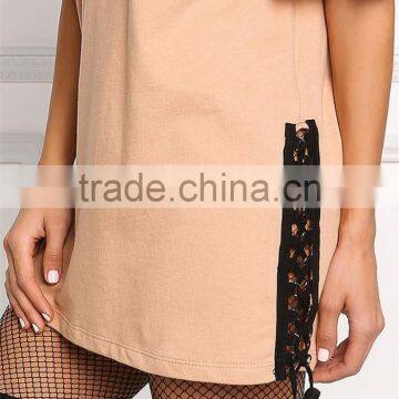 MGOO Fashion Custom Made 95% Cotton 5% Spandex 220g Nude V Cut Out Side Lace Up Shirts Tunic Tops photo-4
