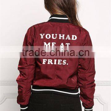 MGOO Foshan Manfuacturer Wine Red Polyester Bomber Jackets Zip Up Custom Back Print Winter Coat With Padded photo-2