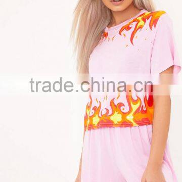 Custom Design Women Flame Print Baby Pink PJ Set Cotton Short Pajamas Summer Nightwear photo-3
