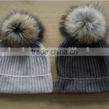 women cashmere knit hats with fur pom pom