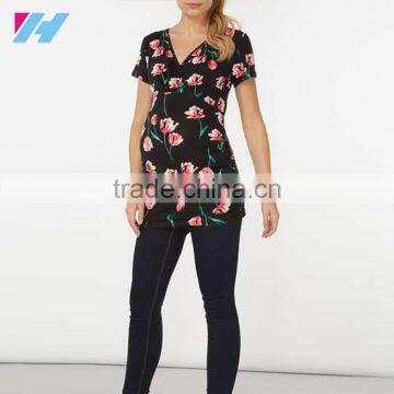 Black Tulip Print Wrap Maternity Top Clothes Cheap