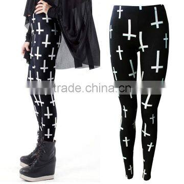 2016 Fashion Skinny Pencil Slim Stretch Leggings White Cross Printed Pants