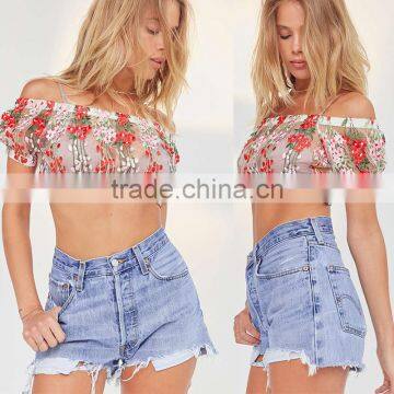 Sexy Mesh Embroidered Floral Tops off Shoulder Ladies Blouse photo-2