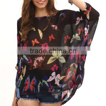 2017 Ladies Boho Batwing Sleeve Chiffon Butterfly Neck Design Blouse photo-6