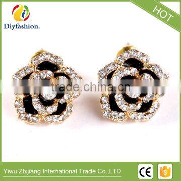 Black roses flowers diamond stud earrings for lady