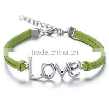 2PCs Silver Plated Love Faux Suede Leather Cord Charm Bracelets