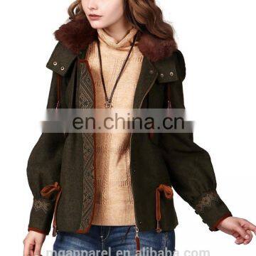 2015 Fashion Winter Warmth Short Coat Embroidered Draw String Hooded Rabbit Fur Collar Woman Coat photo-4