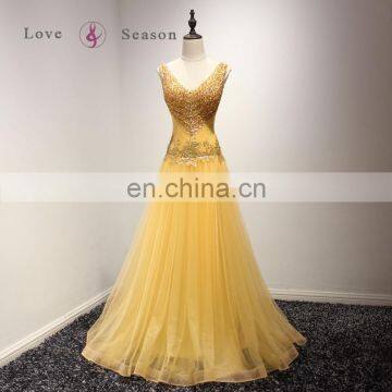 A17AL0007 V-neck Appliques Bead Yellow Colour Party Puffy Prom Dress Evening Gowns