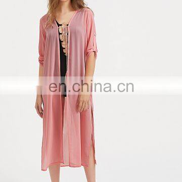 Tassel tie front roll sleeve slit beach kimono