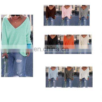 Womens Sexy V-collar Casual Long Sleeve Knitted Pullover Loose Sweater Jumper Tops Knitwear