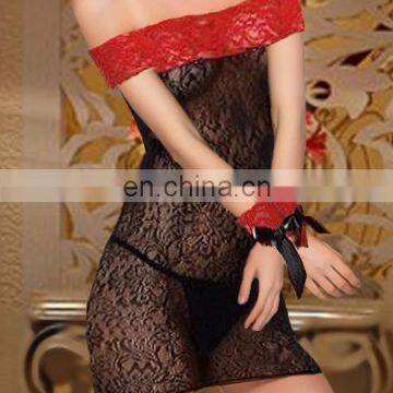 Women plus size hot black Word shoulder lace babydoll sex products inmates Perspective Hollow flower print costumes