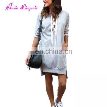 High Quality Gray Hollow v Neck Long Sleeves European Long Sleeve Casual Autumn Dress photo-2