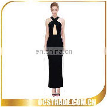 2015 New Design Sleeveless Sexy Halter Black Split Cross Bandage Dress