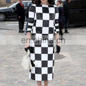 2015 Black and white checkerboard long-sleeved dress free prom dress fashion dress girls' dress