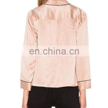 Pink Silk Satin Blouse For Women Smart Casual Wear Pajamas Style Long Sleeve T-Shirt photo-4