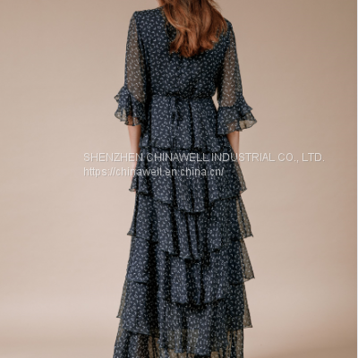 Ladies' 100%silk Chiffon Short Sleeve Ruffler Edge Print Dress photo-5