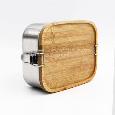 Japan Style Stainless Steel Lunch Box/two Compartments Metal Food Storage Container With Bamboo Lid photo-3