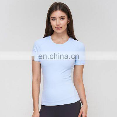 Custom Private Label Fitness Gym Ribbed Soft Short Sleeve Slim Fit T-Shirt Round Neck Workout Running Yoga Sports Wear For Women