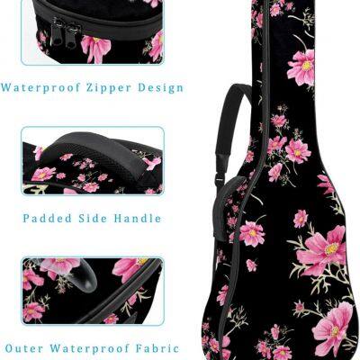 Acoustic Guitar Bag Waterresistant Dual Adjustable Shoulder Strap Guitar Case Bag,Black Pink Flowers and Grass photo-4