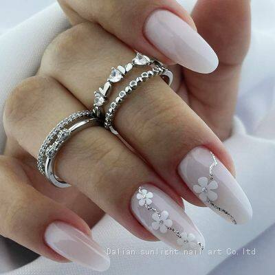 Popular almond type wearing nail white flower nail art tip simple style fake nail ins style SUYT