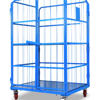 4 Sided Meshed Foldable to One Side Nesting Roll Container with Plastic Base
