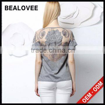 2015 Fashion Sexy Embroidery Hollow Out Solid Summer Backless Women 3d Printing T-shirt