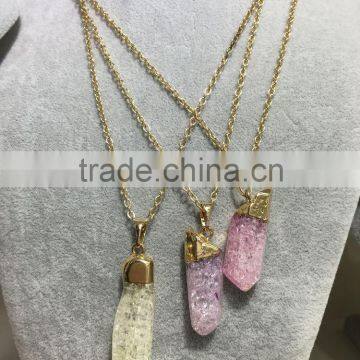 2016 Gold Covering Crack Crystal Pendant Necklace Aquamarine Citrine Rose Quartz Clear Green Natural Crystal Necklace For Women