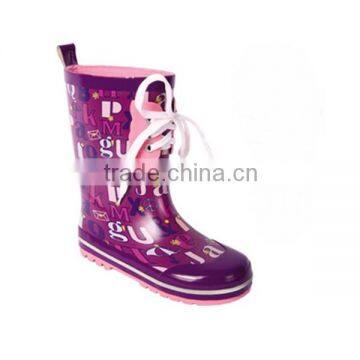 fancy letter printed kids rain boots,cheap customized gum boots,lace up high quality rubber boots