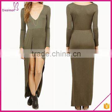 Army Green V-neck Plain Asymmetric Bodycon Long Sleeve Maxi Dress