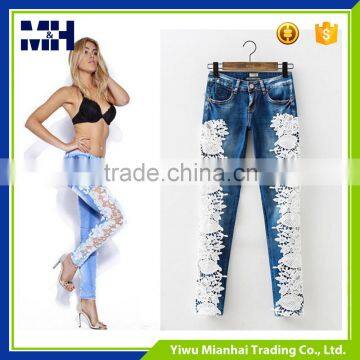 Stitching Lace Denim Trousers Pencil Pants photo-4
