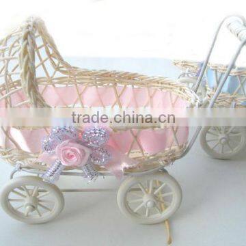 white wicker/willow tricycle basket with wheels/handle