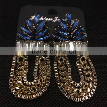 Multi-Layer Chains Tassel Stud Earrings Crystal Leaf Women Jewelry