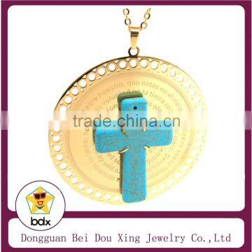 Handmade Stainless Steel Religious Catholic Jesus Cross Spanish Bible Lords Prayer 9CM Big Pendant With Blue Turquoise Cross