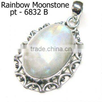 925 Stamped Sterling Silver Rainbow Moonstone Semi Precious Gemstone Pendant