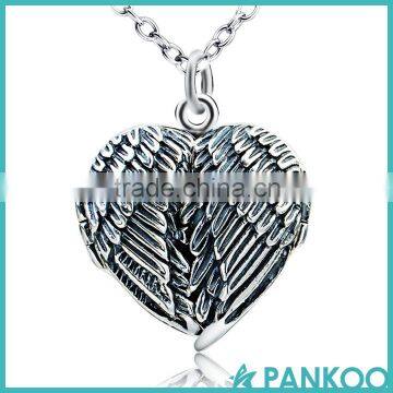 S925 Silver Vintage Wing Pendant, Fashion Heart Shape Photo Frame Locket Pendant Necklace