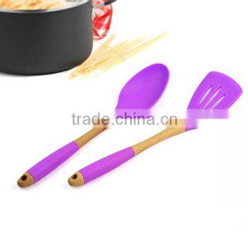 2- Piece Food Grade Beech Wood Cooking Tools With Silicone Handle Beech Wood Cooking Utensil Sets