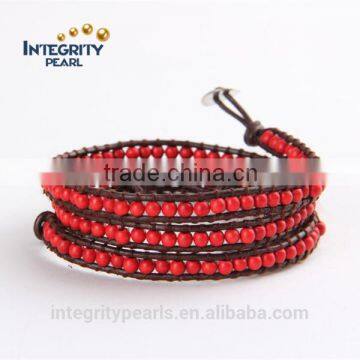 4mm fashion girls red turquoise stone real multi layer leather bracelet