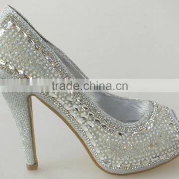 Fashion pump rhinestone pearls high heel shoes for ladies with good quality