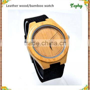 Engraved customized logo watch made of bamboo and wood, leather band