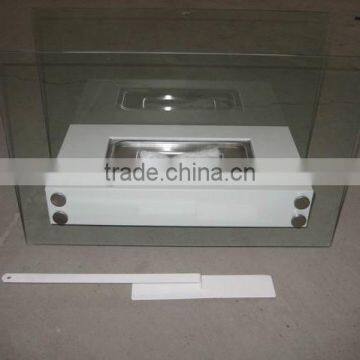 white bio ethanol fireplace with stainless steel box burner and tempered glass