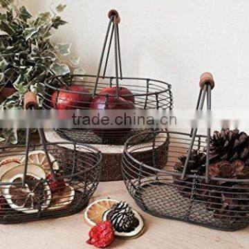 Oval Wire Baskets Garlic Fruit Storage Rustic Trugs Wood Handle Eggs Basket photo-2