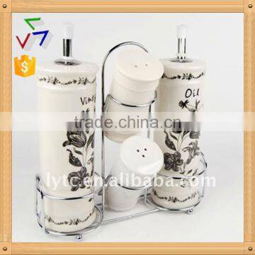 4PCS ceramic salt & oil vinegar bottle with metal stand,ceramic spice jar,ceramic cruet set