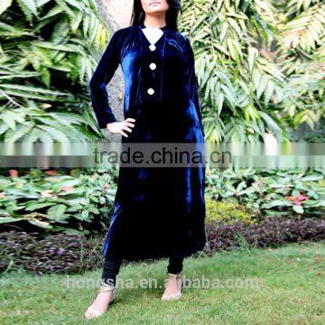 Fashion brand designer long kurtis with front neck crystal buttons navy blue velvet kurti HSD7920